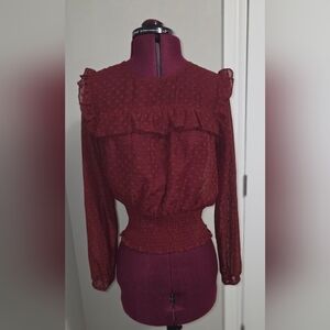 Love Fire Red Smocked Blouse with Cuffed Sleeves